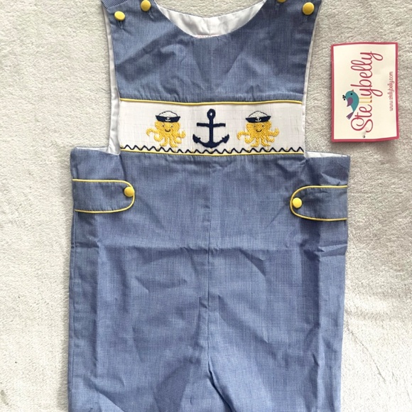 NWT Stellybelly Smocked Octopus Friends Shortall - Blue Micro-Gingham Size 3T - Picture 1 of 5